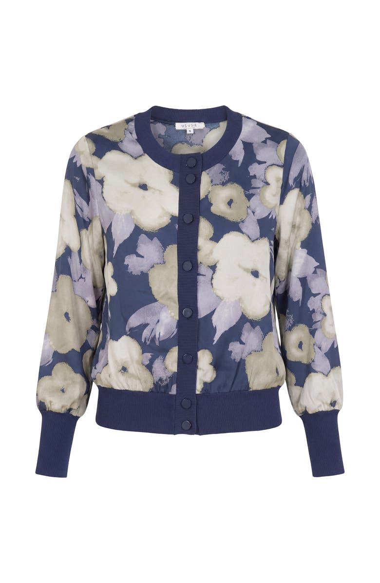 Vivid Painted Satin Long Sleeve Button Front Rib Trim Top, Main, color, Navy Floral