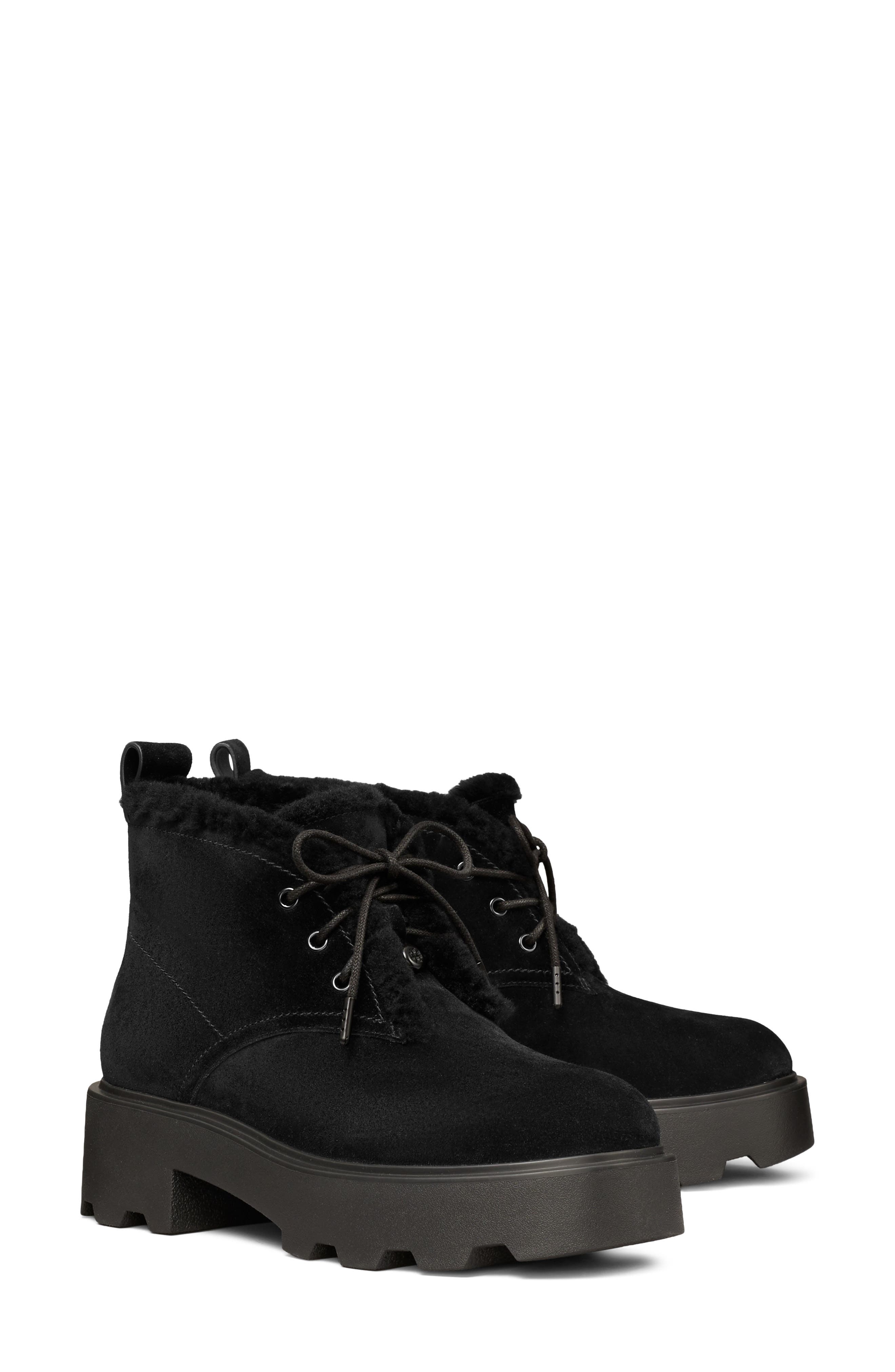 Desert Leather Genuine Shearling Boot, Main, color, PERFECT BLACK