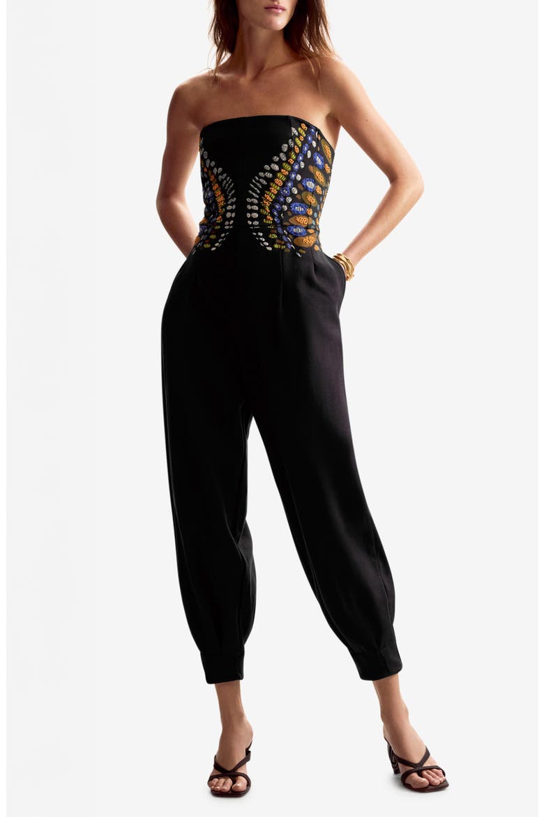 Mixed Media Strapless Jumpsuit, Main, color, BLACK
