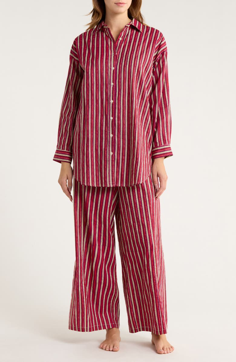 Chan Luu Oversize Shirt & Pants Cotton Pajamas, Main, color, Red Stripe