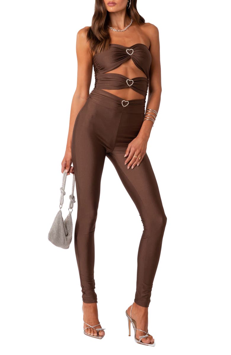 EDIKTED Rhinestone Heart Cutout Strapless Jumpsuit, Main, color, Brown