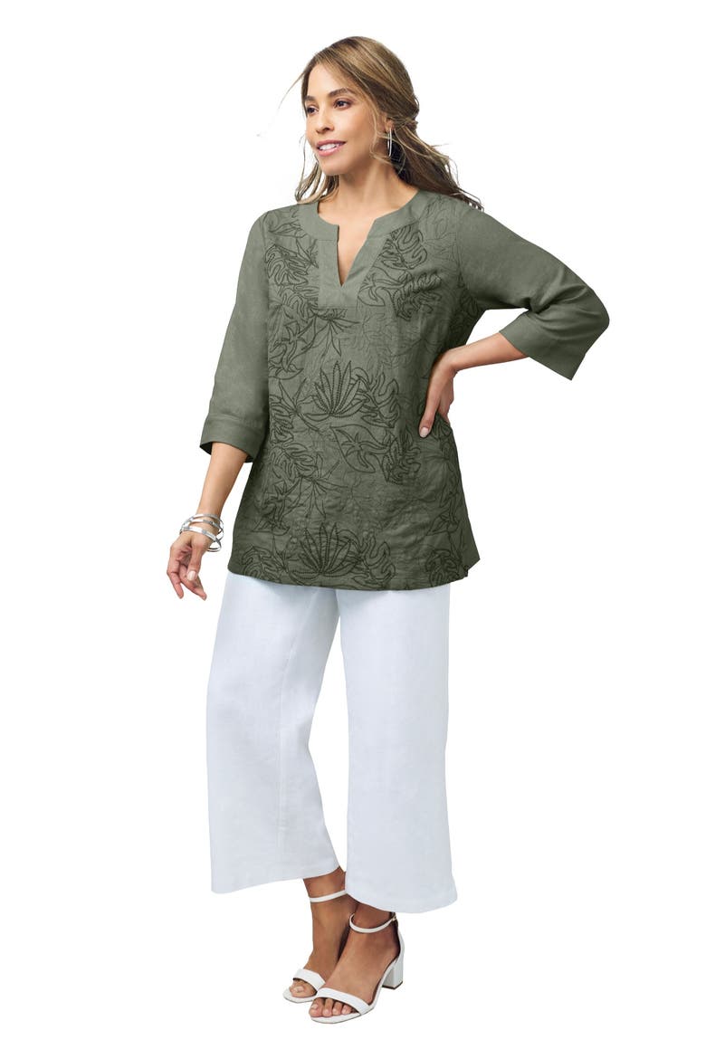 Linen V Neck Embroidered Tunic, Main, color, OLIVE GREEN LEAF EMBROIDERY