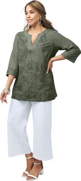 Jessica London Linen V Neck Embroidered Tunic
