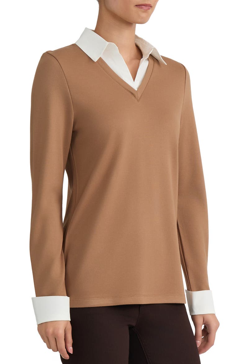Poplin-Trimmed V-Neck Top, Alternate, color, CARAMEL/ NATURAL WHITE