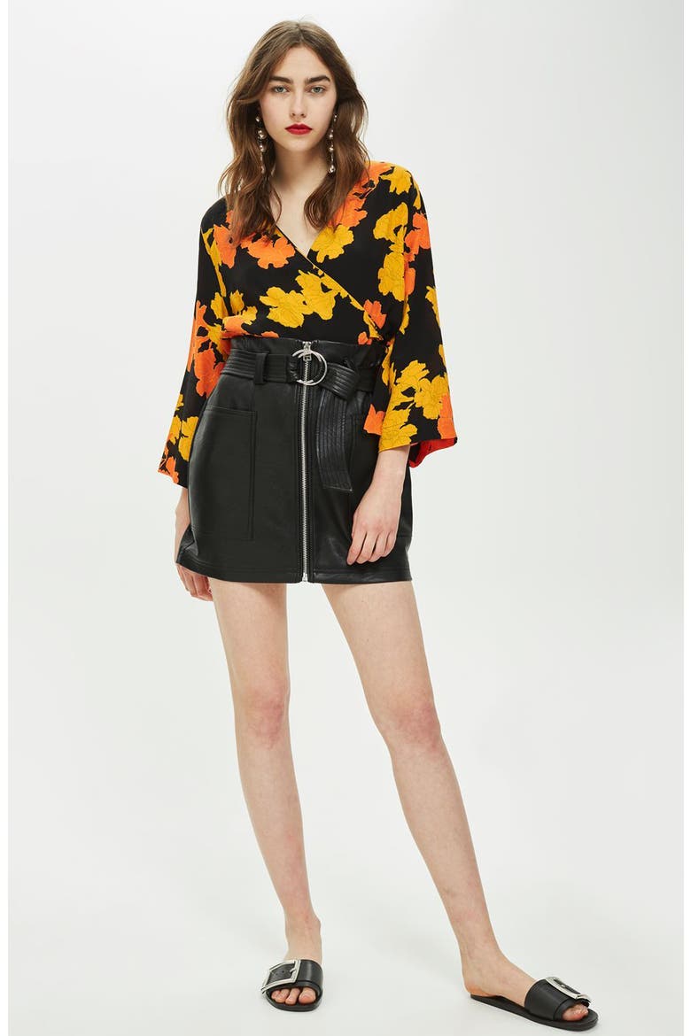 Front Zip Faux Leather Miniskirt, Alternate, color, BLACK