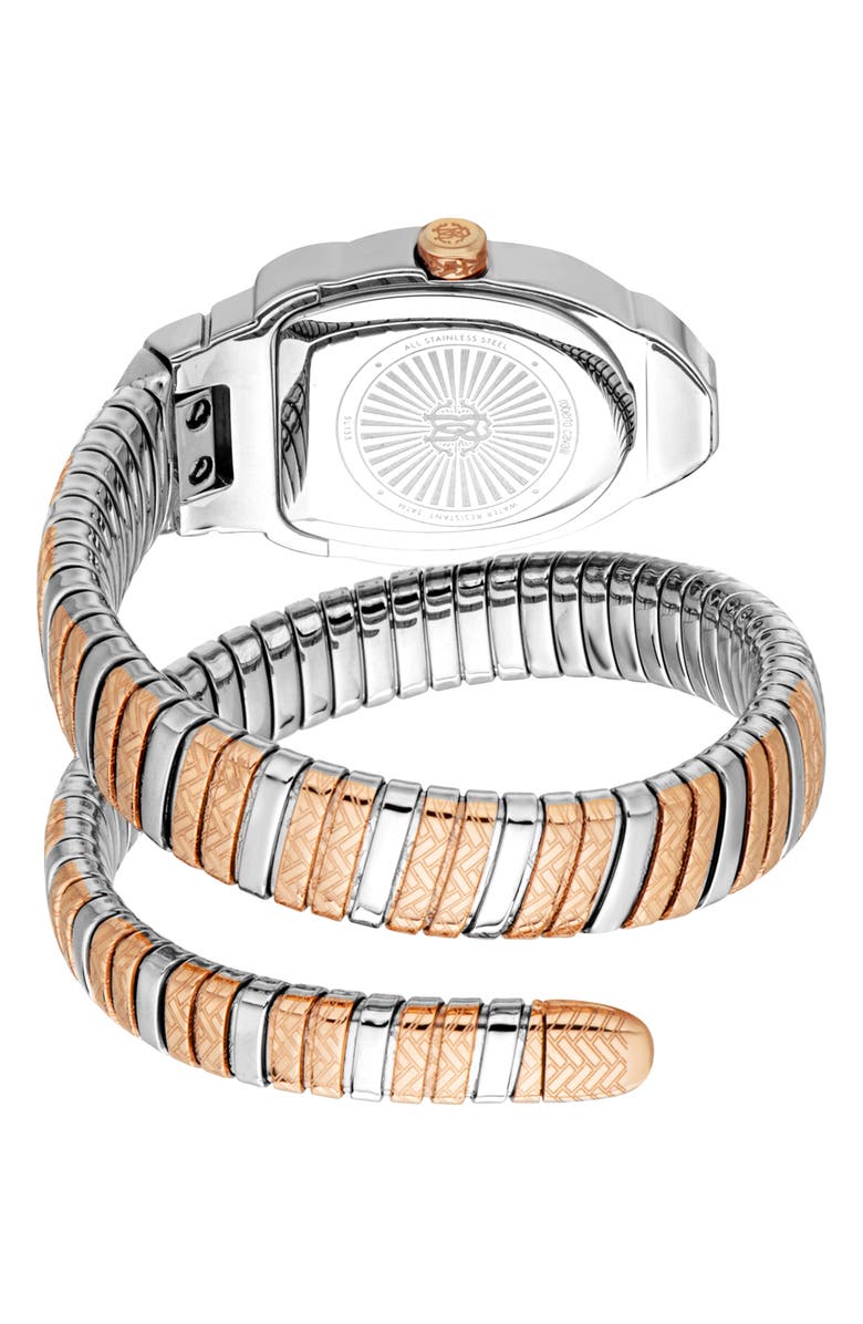 Roberto Cavalli Aurora Snake Wraparound Bracelet Watch, 24mm x 30mm, Alternate, color, Two Tone Silver / Rose Gold