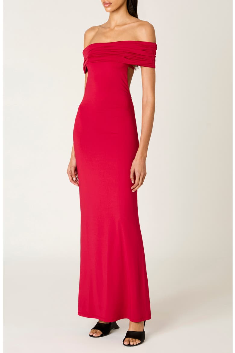 Evangeline Off the Shoulder Open Back Maxi Dress, Alternate, color, CRIMSON