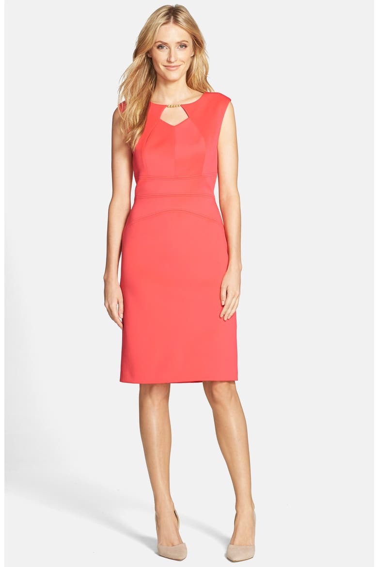 Embellished Scuba Sheath Dress, Alternate, color, CORAL