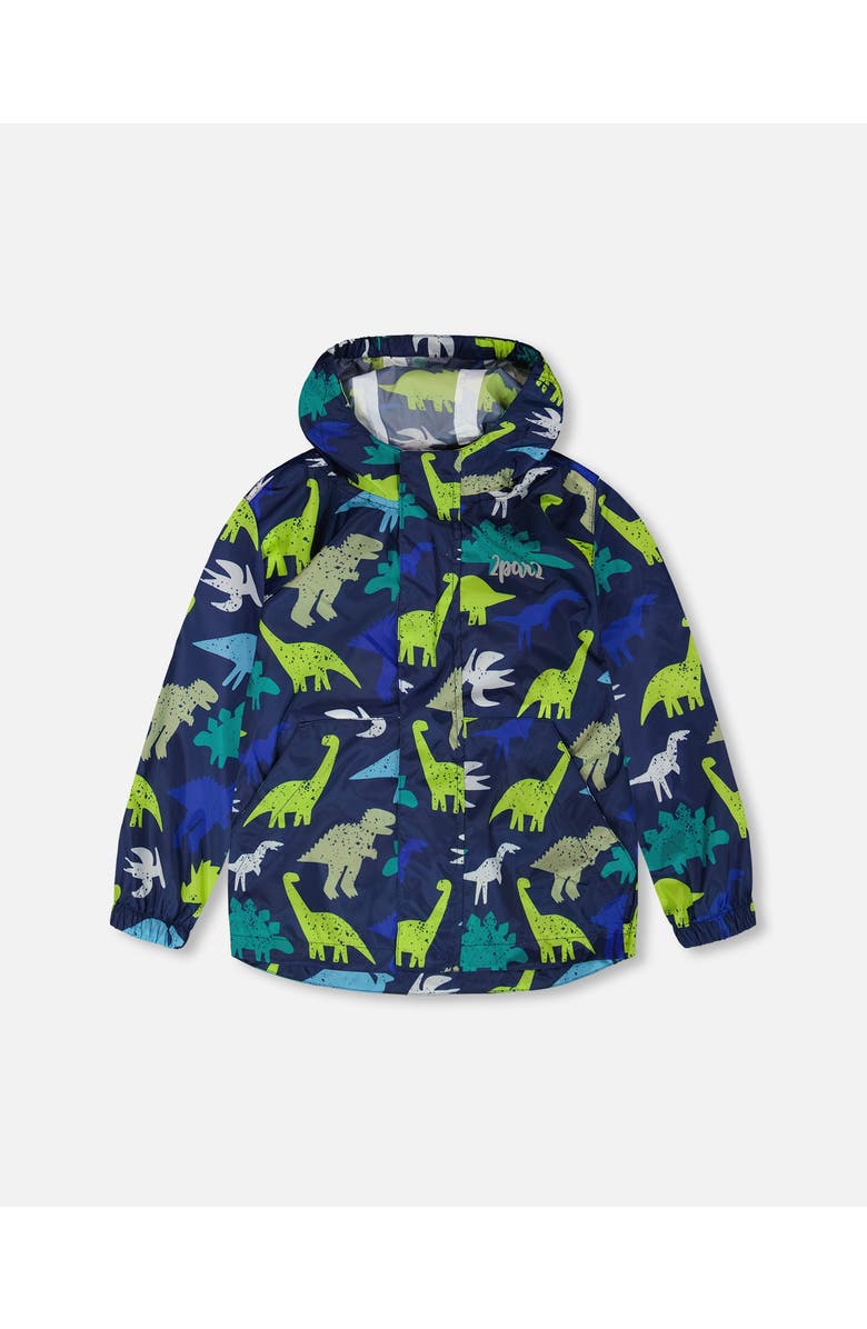 Deux par Deux Packable Dinosaur Windbreaker in Polyester, Main, color, Blue Dinosaur Print