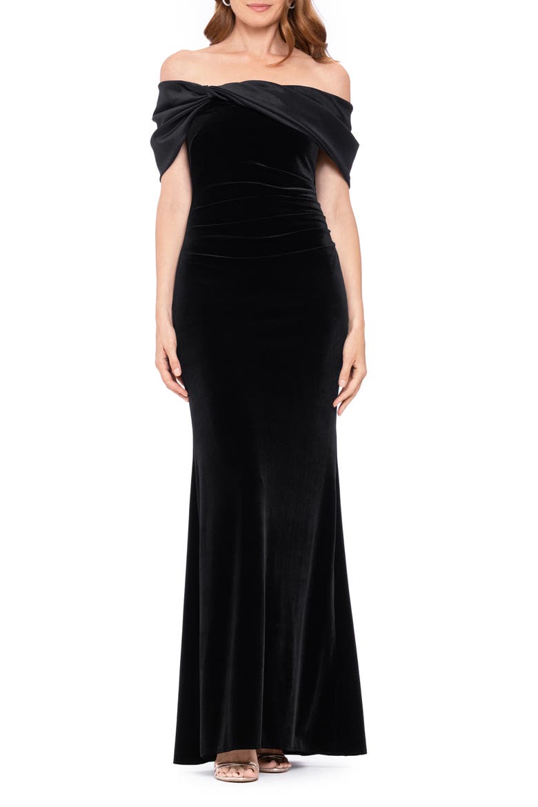 Off the Shoulder Ruched Velvet Gown, Main, color, BLACK