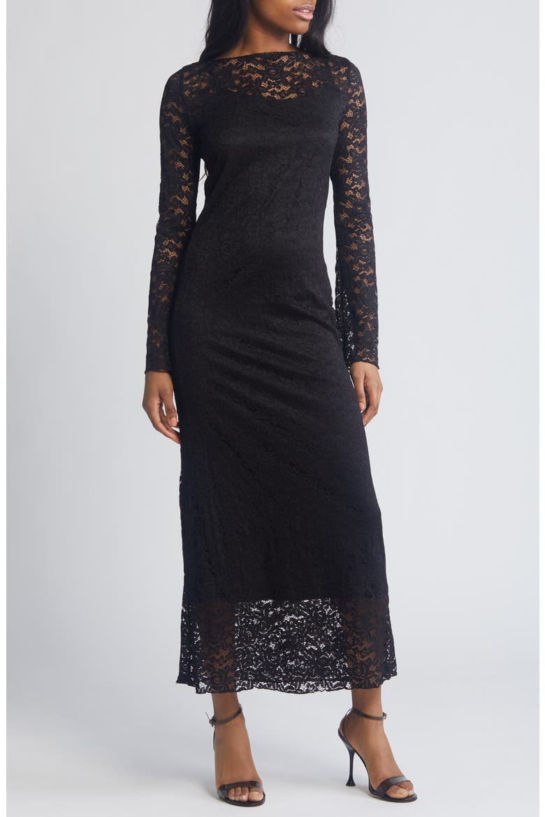 Lace Overlay Long Sleeve Dress, Main, color, BLACK