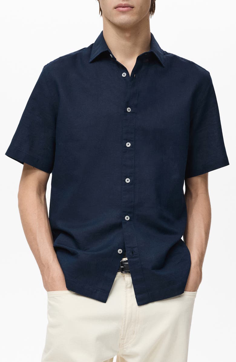MANGO Regular Fit Linen Blend Button-Up Shirt, Main, color, Dark Navy