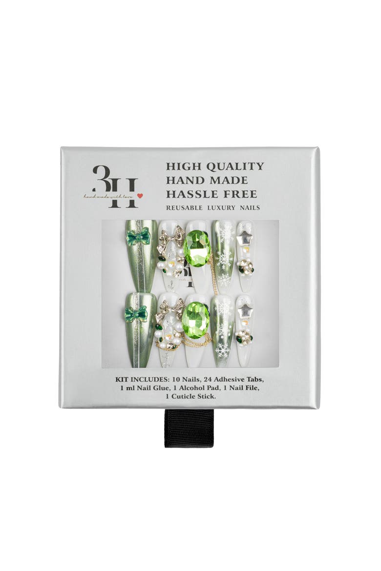 Snowflake Jewel - Long Stiletto Press-On Nails, Alternate, color, Green/White