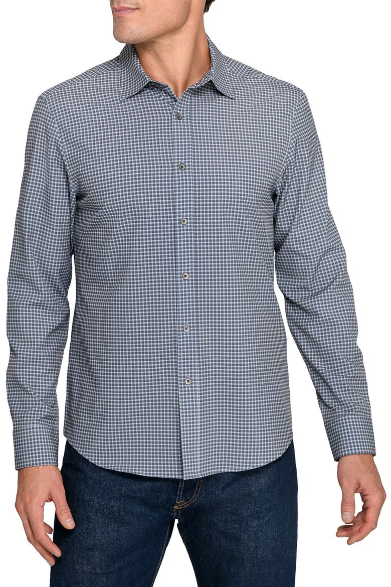 Slim Fit Faded Check Performance Button-Up Shirt, Main, color, CHARCOAL