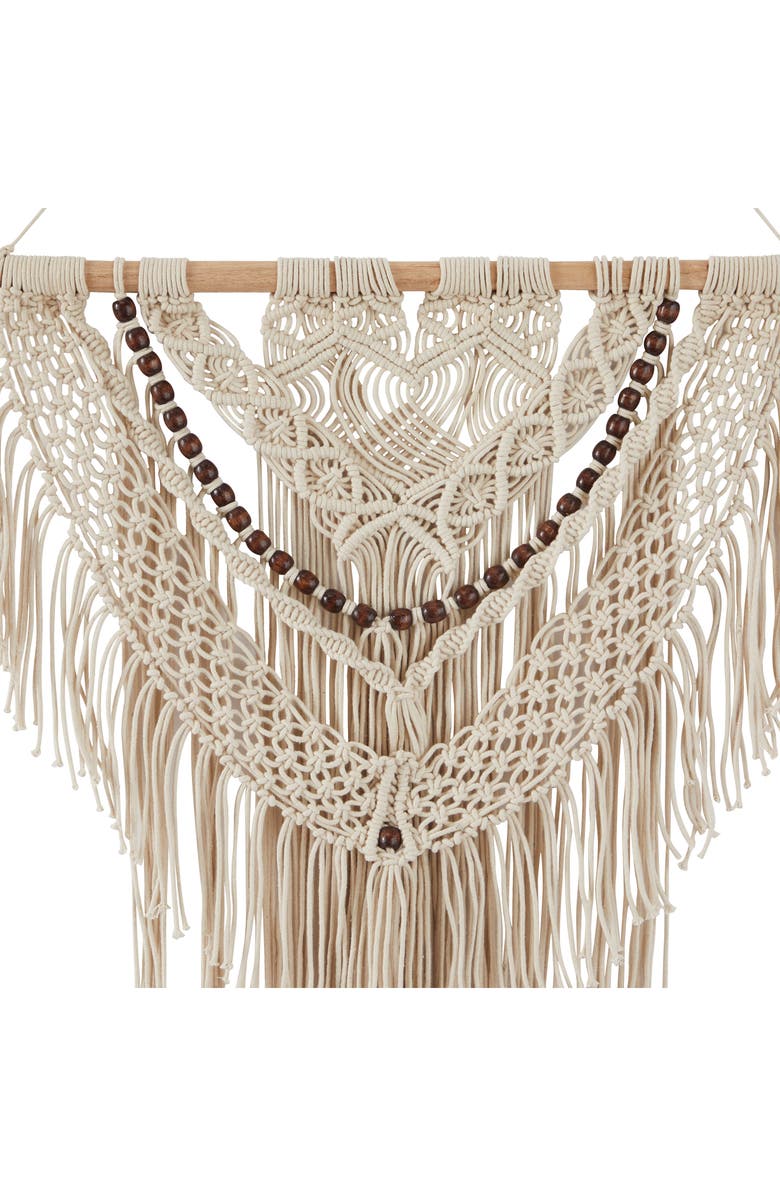 GINGER BIRCH STUDIO Cream Cotton Intricately Woven Macramé Wall Decor with Beaded Fringe Tassels, Alternate, color, White