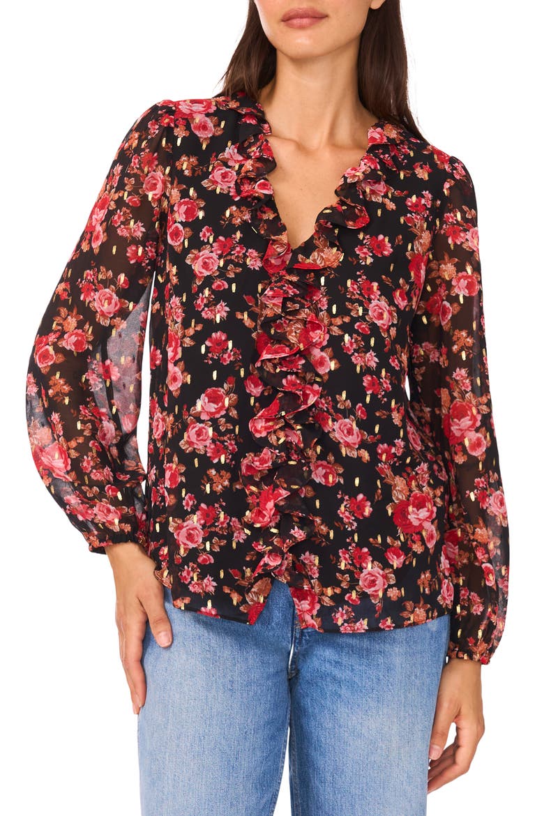 V-Neck Ruffle Top, Main, color, RED MULTI