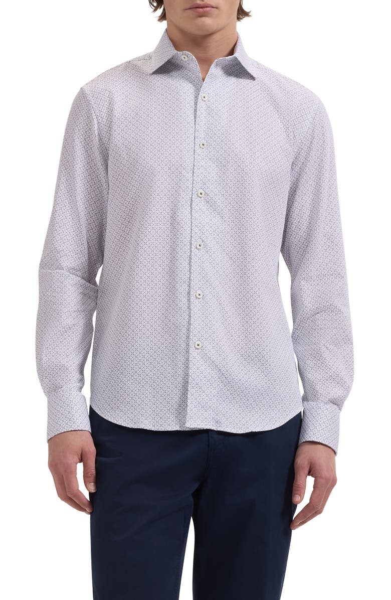 Bugatchi Alvin Shaped Fit Geo Print Button-Up Shirt, Main, color, White
