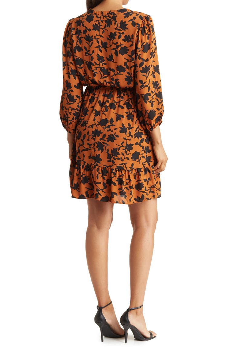 Floral Print Belted Long Sleeve Dress, Alternate, color, BROWN