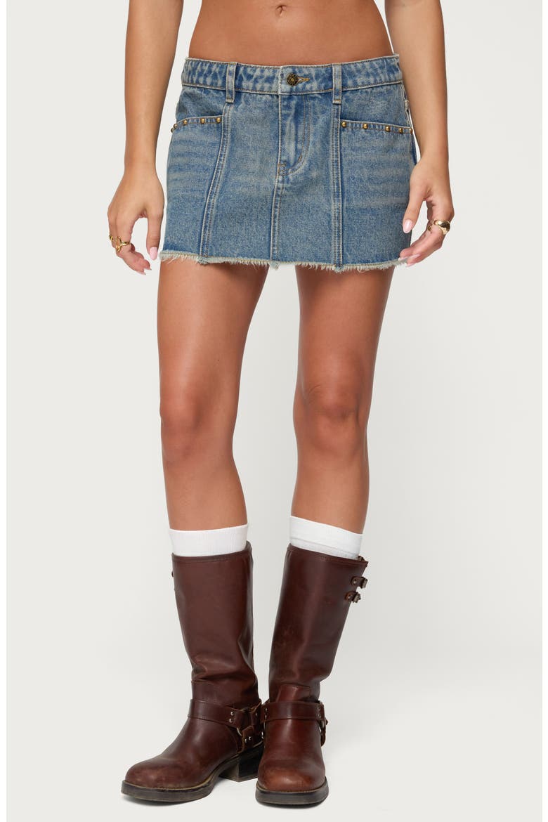 Keiko Studded Low Rise Denim Miniskirt, Main, color, BLUE