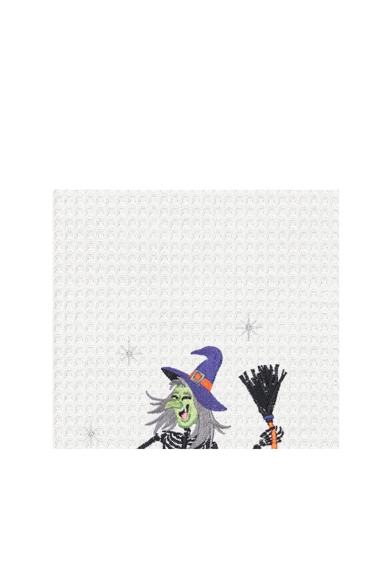 Dancing Skeleton Witch Halloween Embroidered 100% Cotton Waffle Weave Kitchen Dishtowel, Alternate, color, Green
