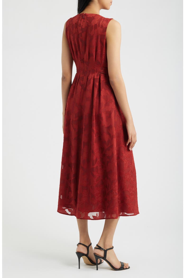 Pleated Floral Jacquard Midi A Line Dress, Alternate, color, RUST