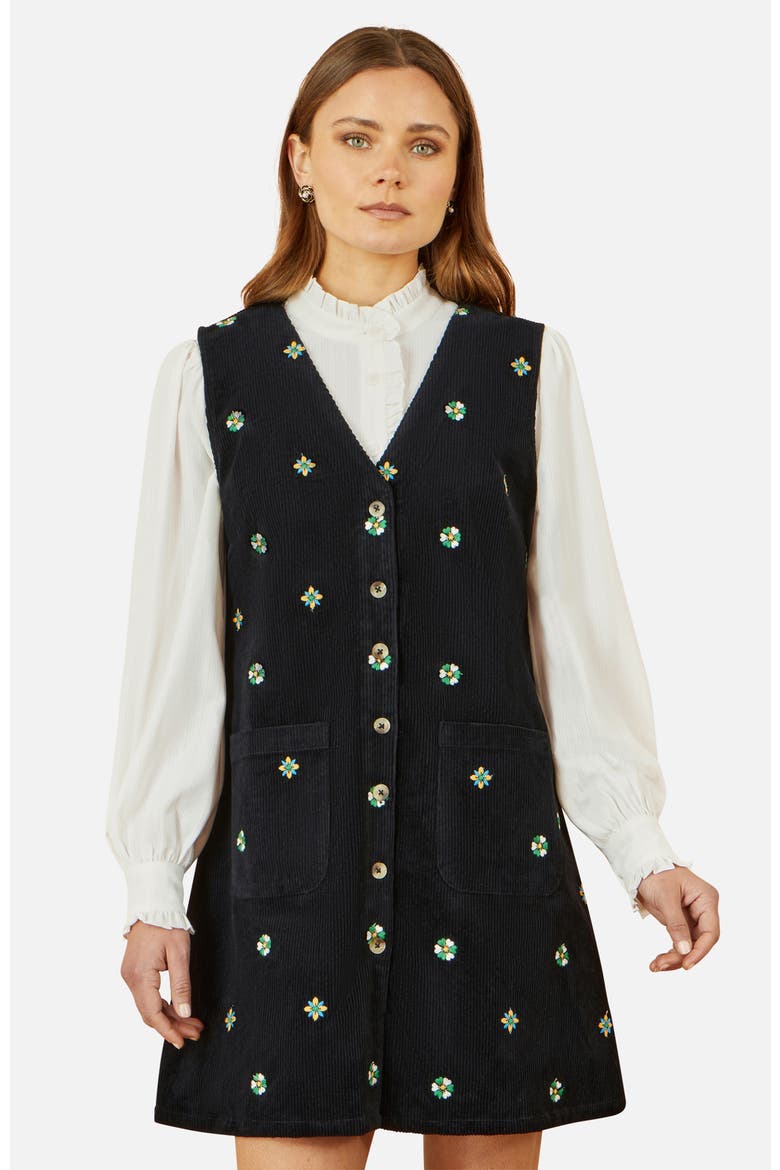 Embroidered Button Up Pinafore Dress, Alternate, color, Black