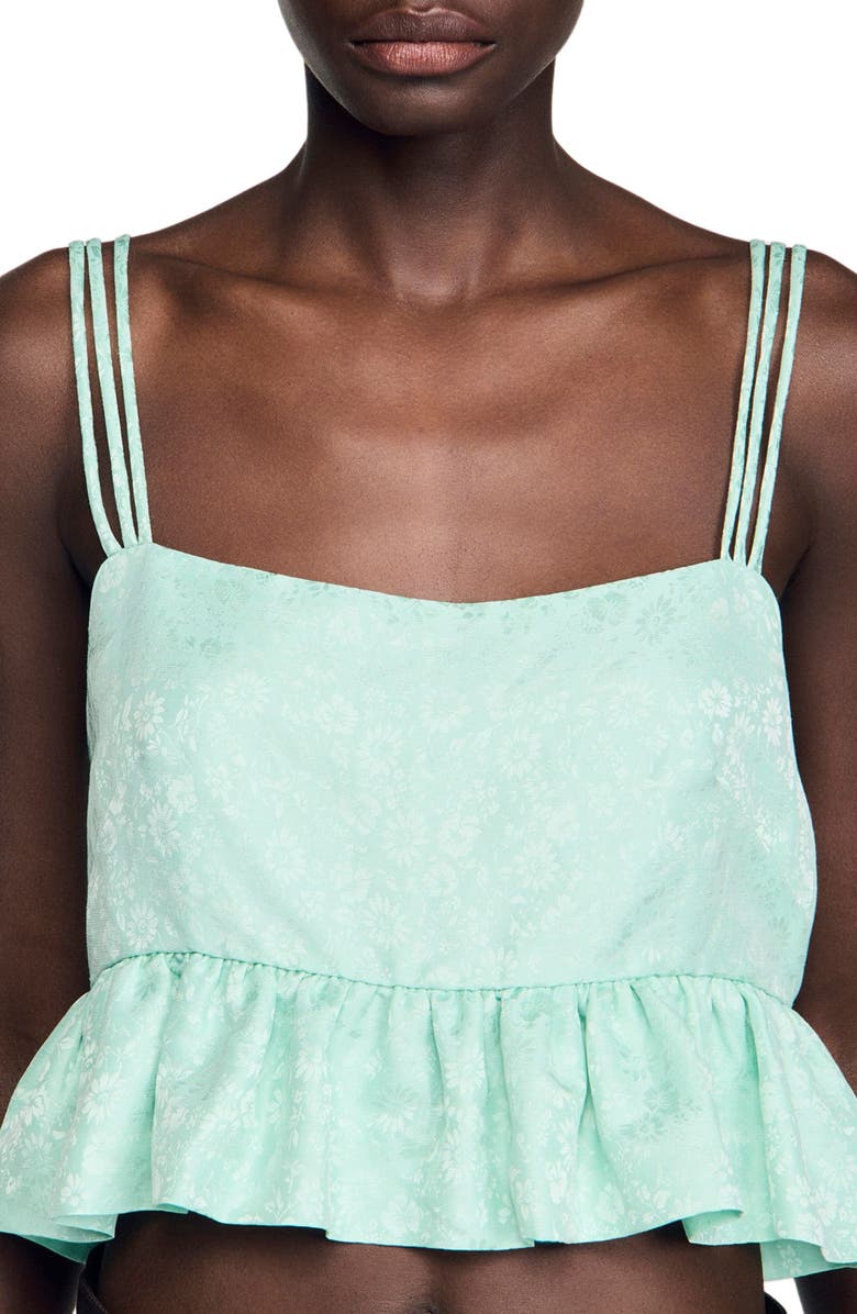 SANDRO Floral jacquard ruffled crop top, Alternate, color, Light Green