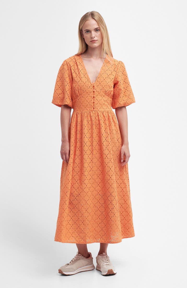 Barbour Kelley Eyelet Cotton Midi Dress, Alternate, color, Apricot Crush