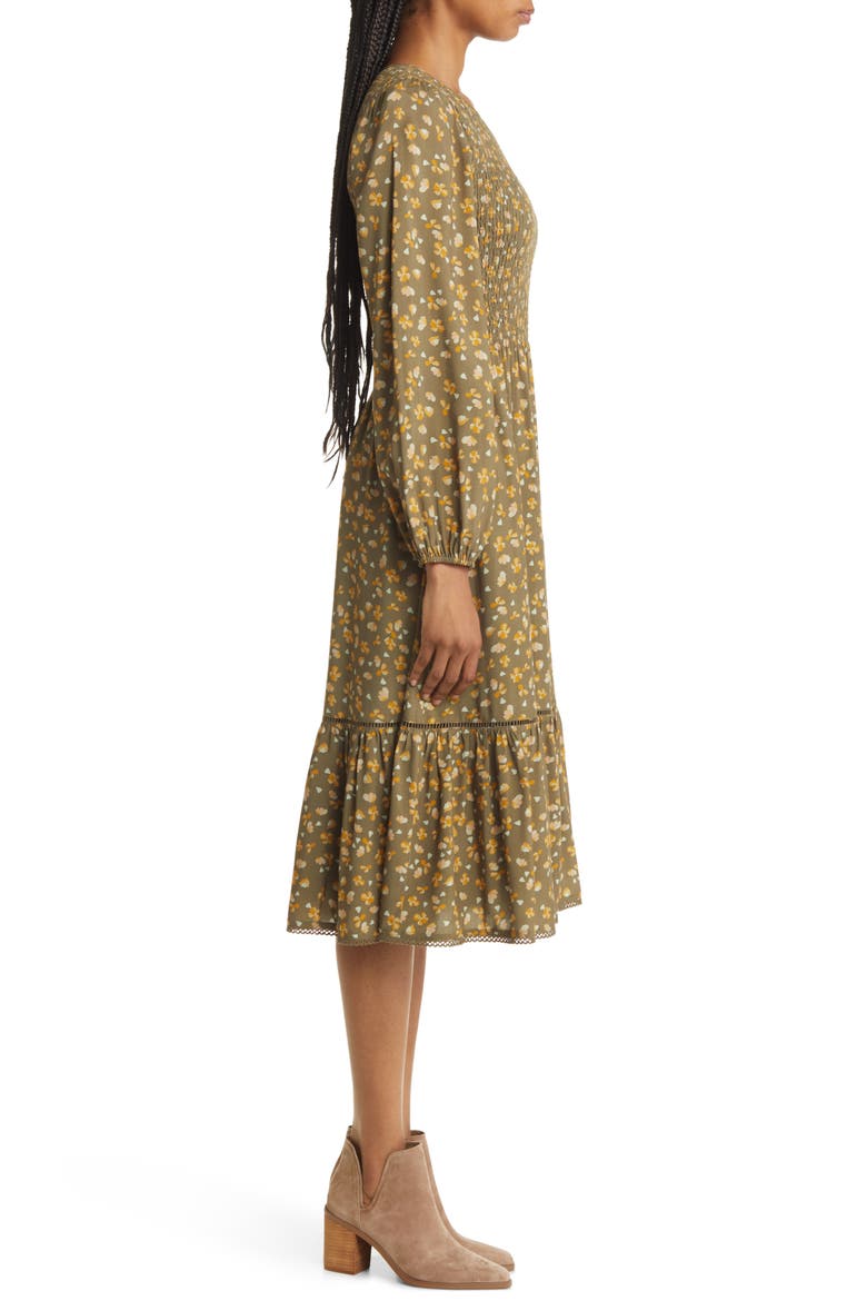Vineyards in the Valley Floral Long Sleeve Tiered Midi Dress, Alternate, color, DARK OLIVE