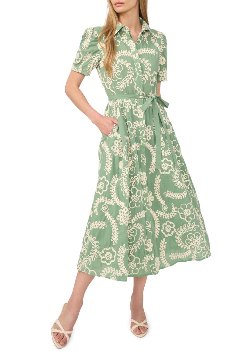 Camile Embroidered Tie Waist Midi Shirtdress, Main, color, SHALE GREEN