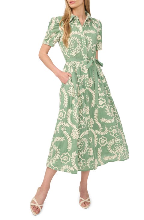 Camile Embroidered Tie Waist Midi Shirtdress