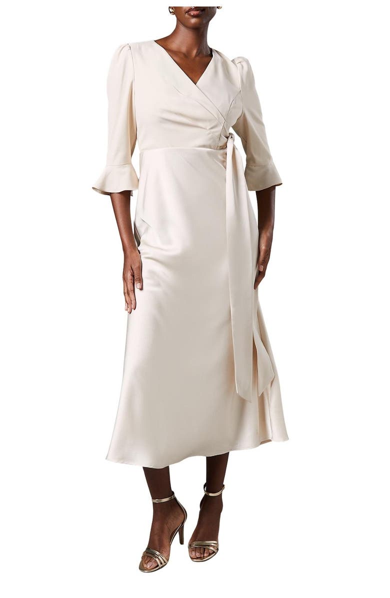 Coast Ruffle Sleeve Satin Wrap Dress, Alternate, color, Champagne