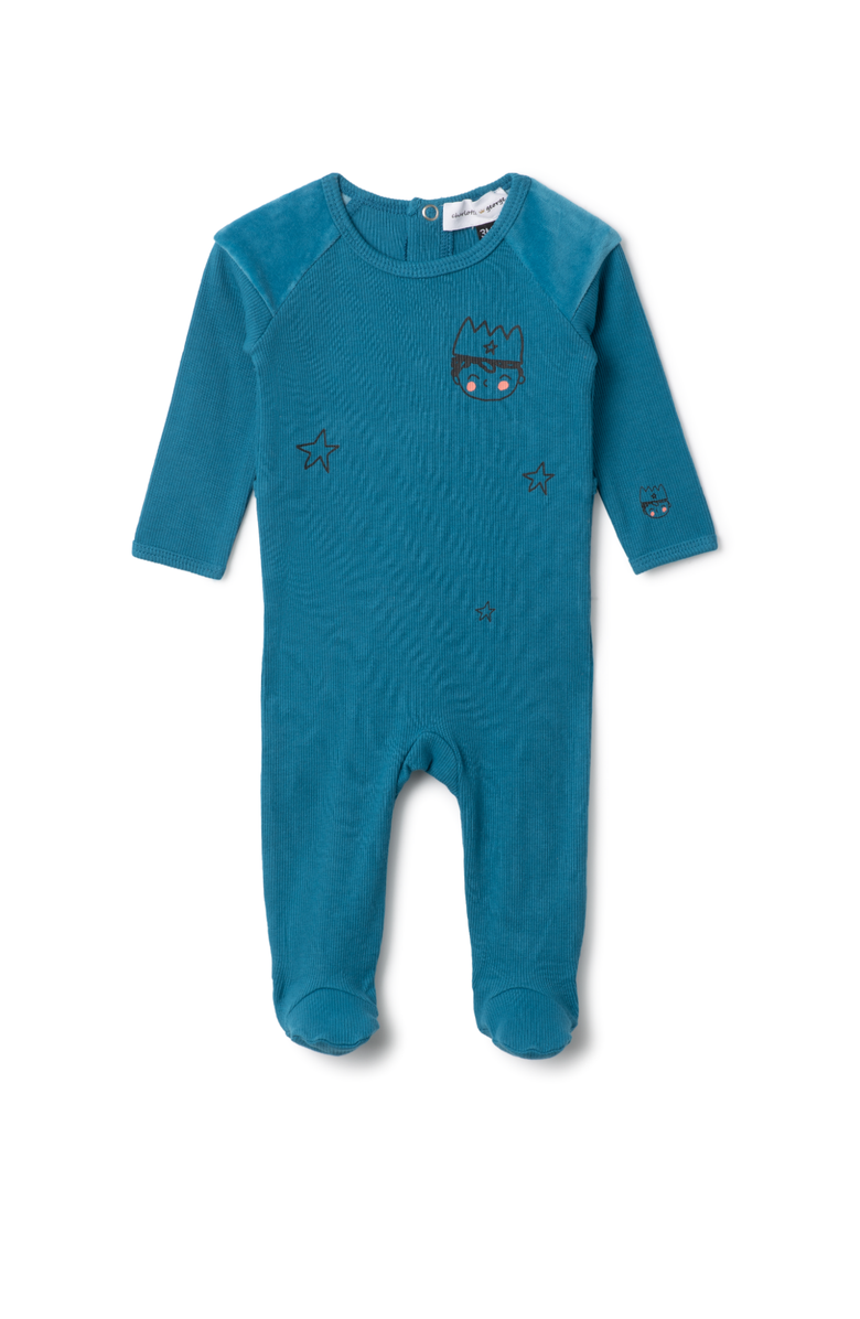 Charlotte & George Soft Ribbed Prince Print Romper, Main, color, Blue Jay
