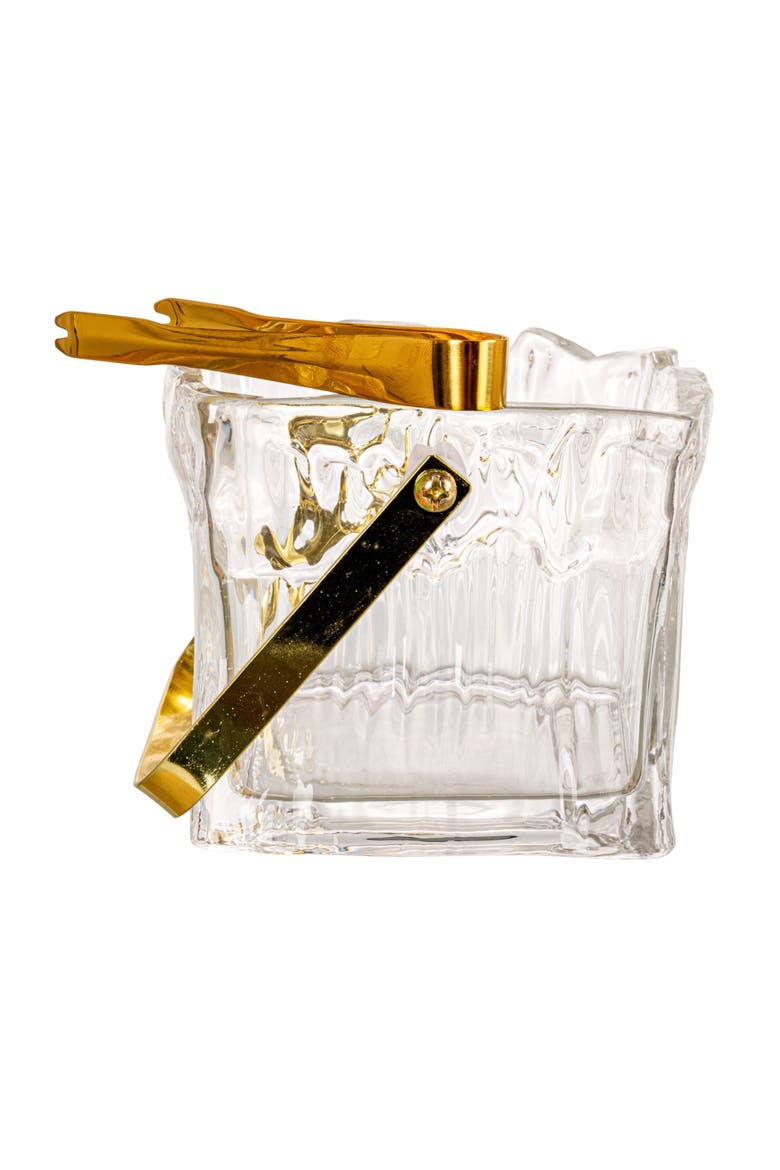 24-Ounce Textured Glass Ice Bucket with Gold Finish Handle and Tongs, Clear/Gold, Alternate, color, Gold