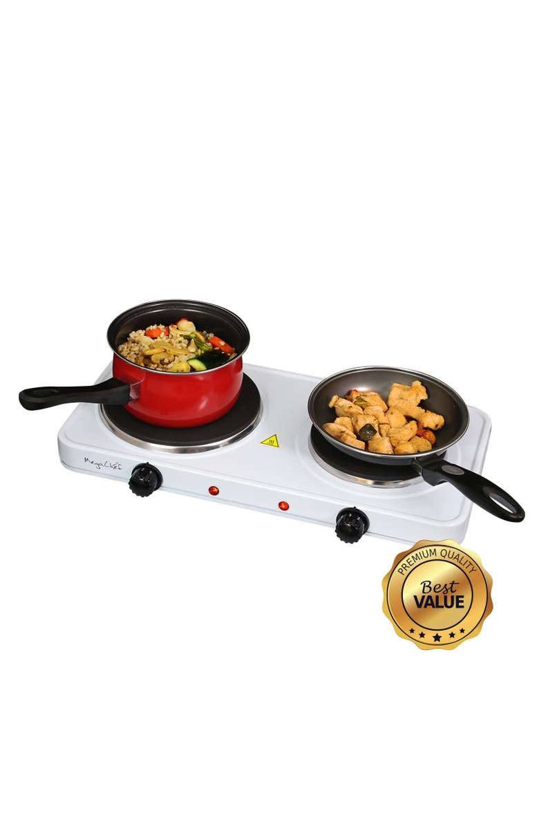 Megachef Electric Easily Portable Ultra Lightweight Dual Burner Cooktop Buffet Range in Sleek White, Main, color, White