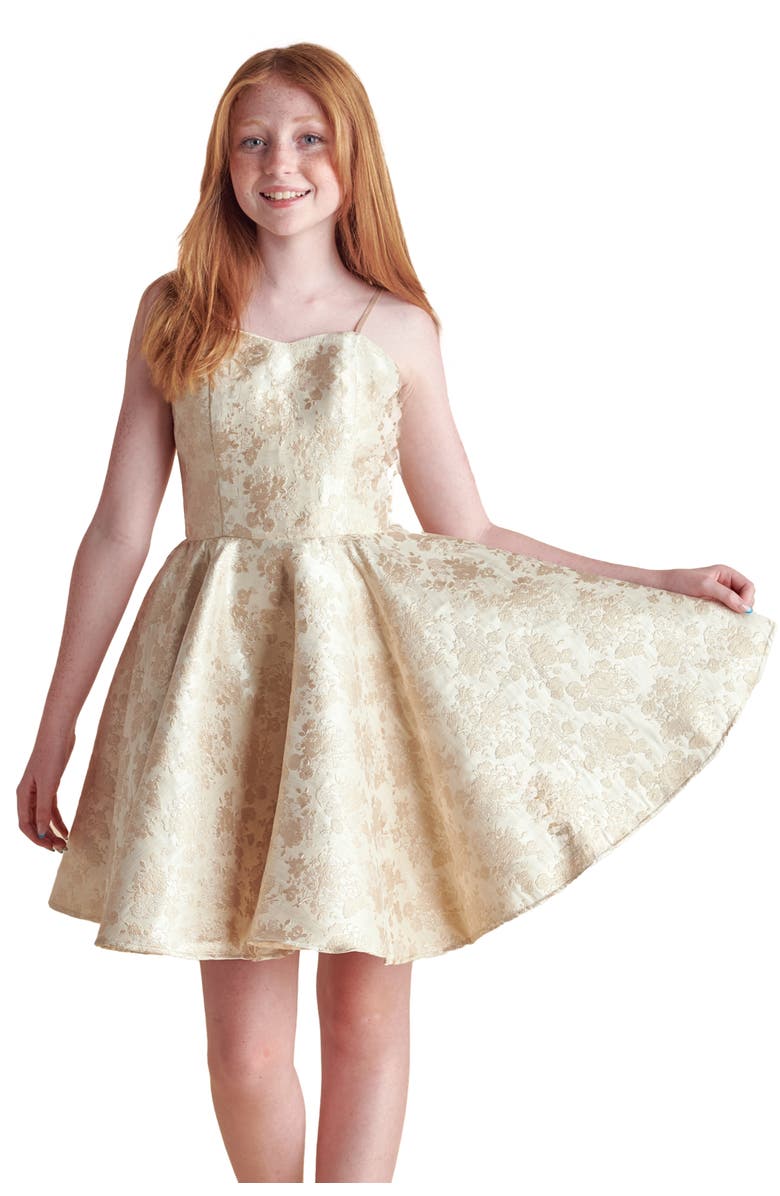 Un Deux Trois Fit and Flare Party Dress in Longer Length, Main, color, Gold