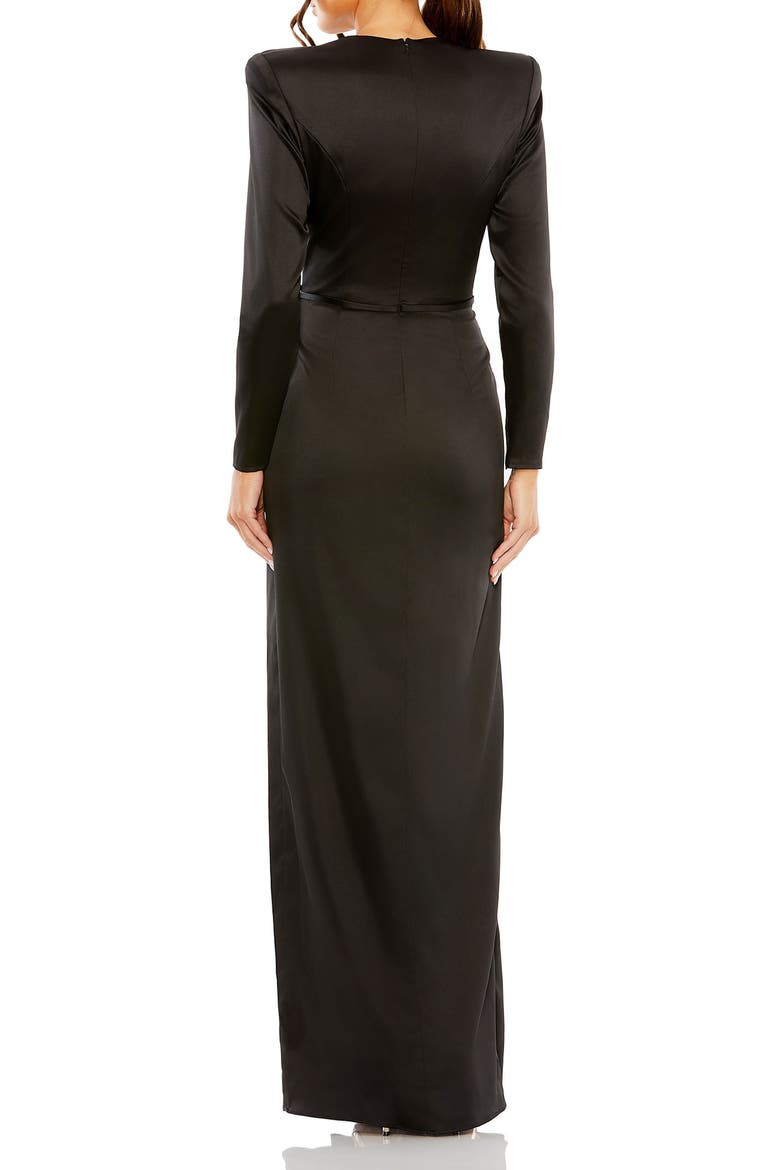 Petite Long Sleeve Satin Structured Bow Draped Column Gown, Alternate, color, Black