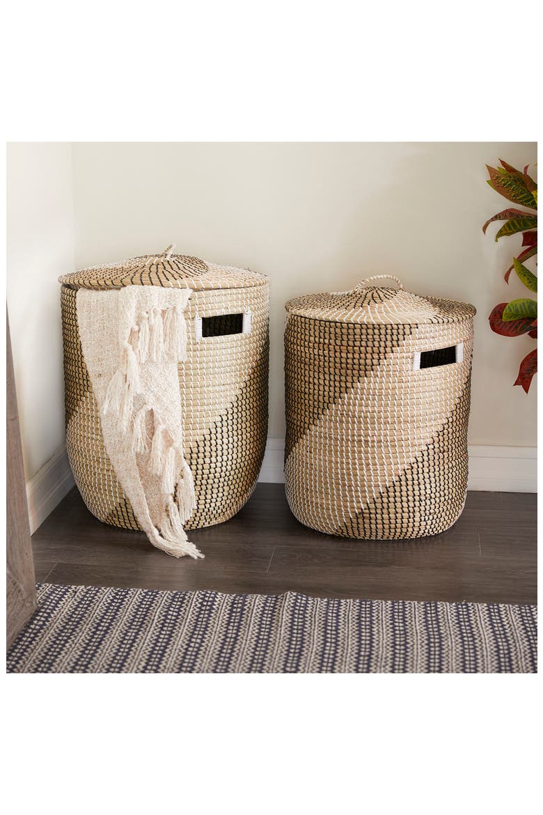 Brown Seagrass Handmade Two-Tone Storage Basket with Matching Lid - Set of 2, Alternate, color, BROWN
