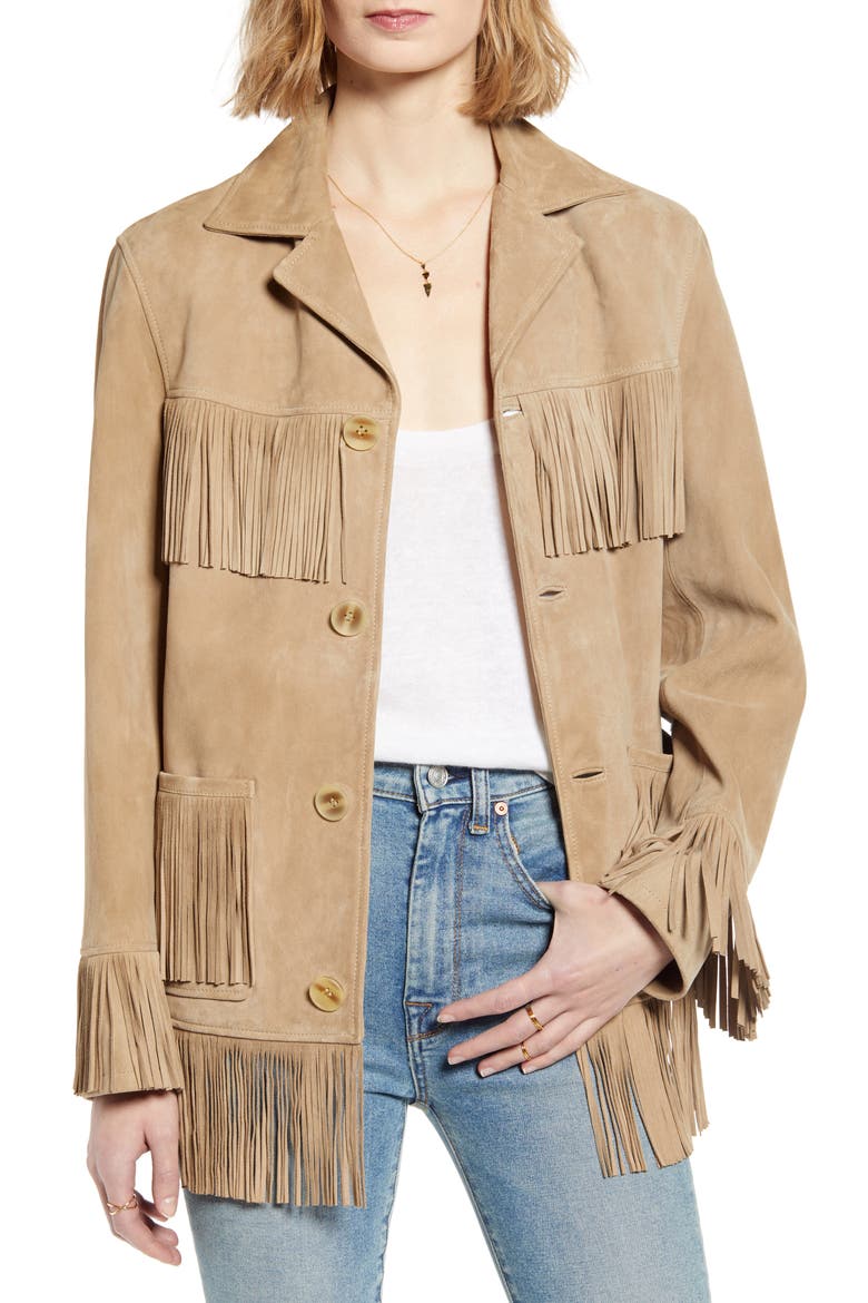 7 For All Mankind® Fringe Suede Jacket, Main, color, TAN