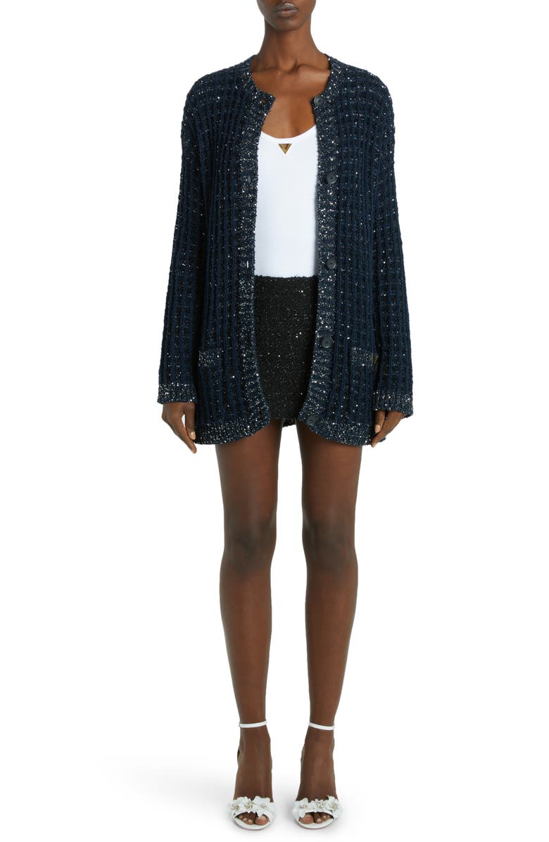 Valentino Garavani Crystal V-Detail Metallic Tweed Miniskirt, Alternate, color,