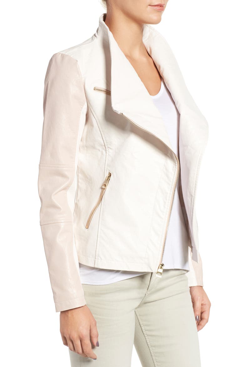 Asymmetrical Faux Leather Jacket, Alternate, color, BABY PINK/ WHITE