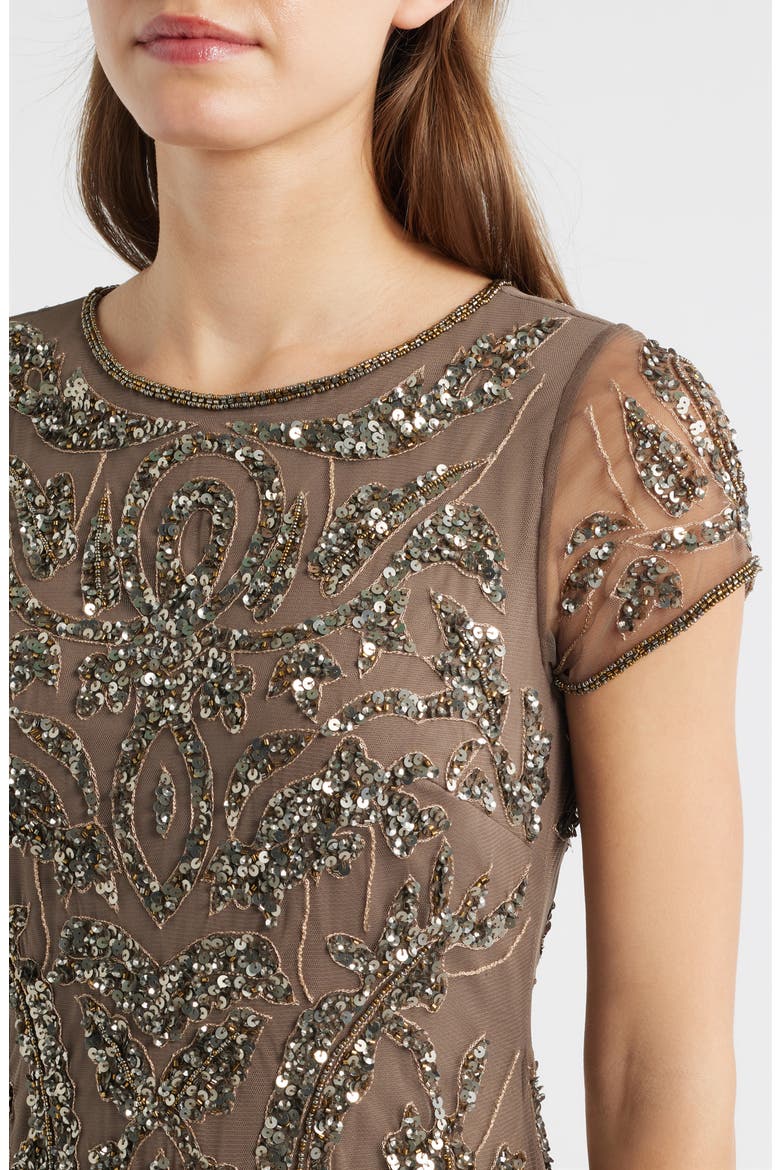 Beaded Mesh Midi Cocktail Dress, Alternate, color, MOCHA
