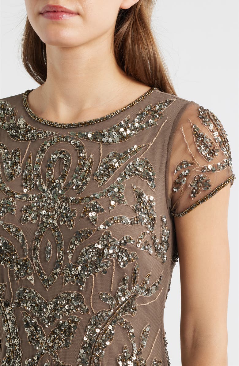 Pisarro Nights Beaded Mesh Midi Cocktail Dress, Alternate, color, Mocha