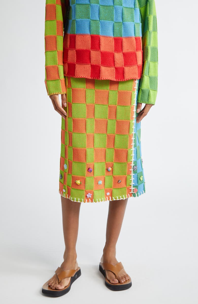 YanYan Floral Ribbon Checkerboard Midi Skirt, Main, color, 