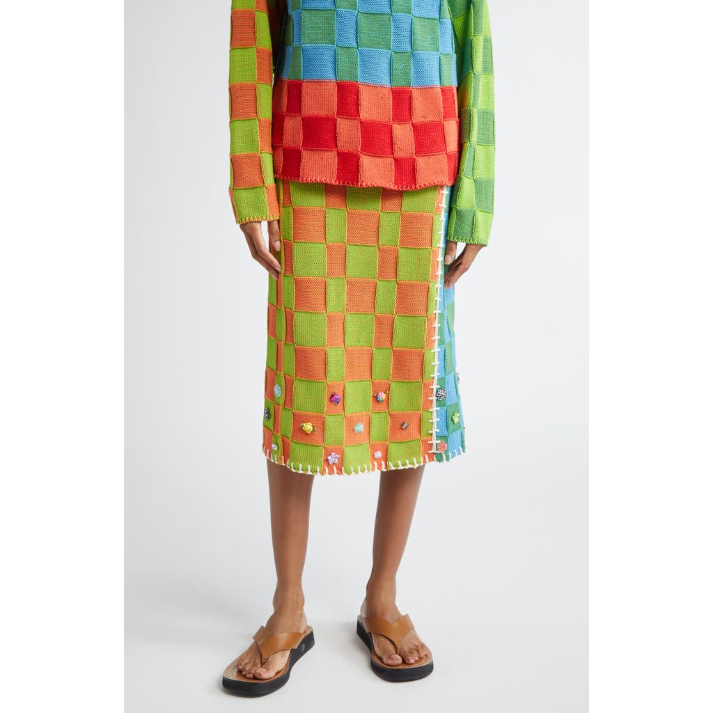 Yanyan Floral Ribbon Checkerboard Midi Skirt In Multi