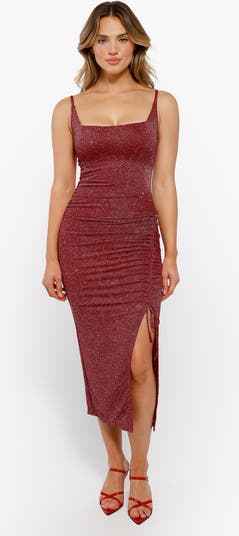 Popilush Women's Shapewear Metallic Knit Bodycon Sculpting Midi Slip Dress - Red