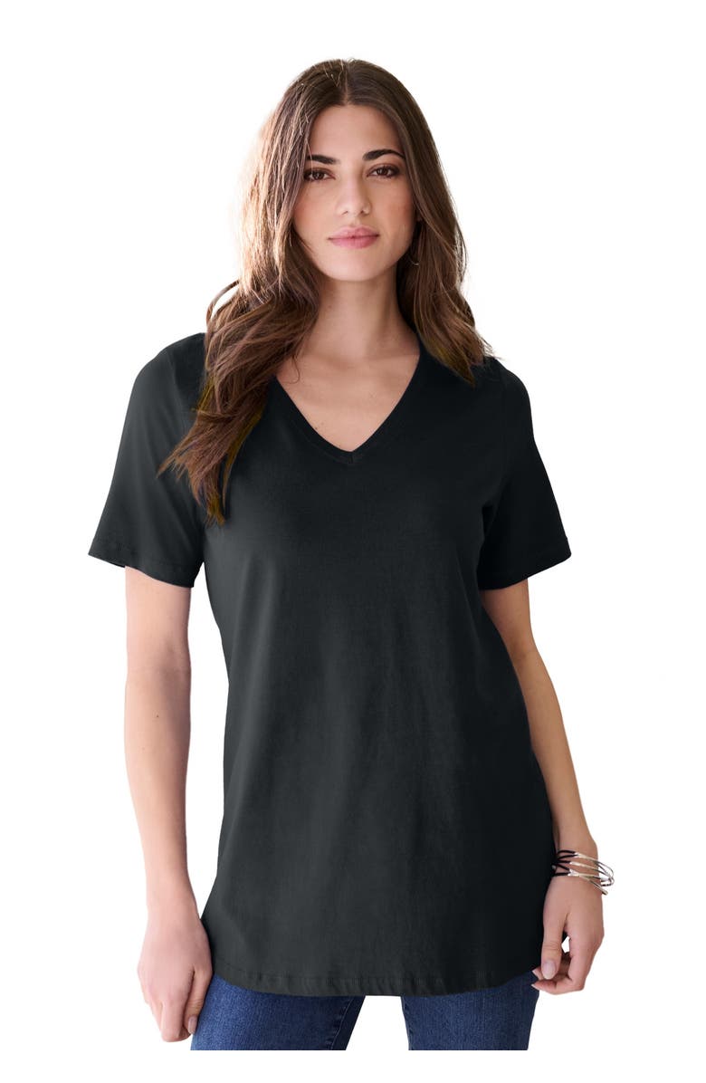 Roaman's Plus Size Cotton Ultimate V-Neck Tee, Main, color, Black