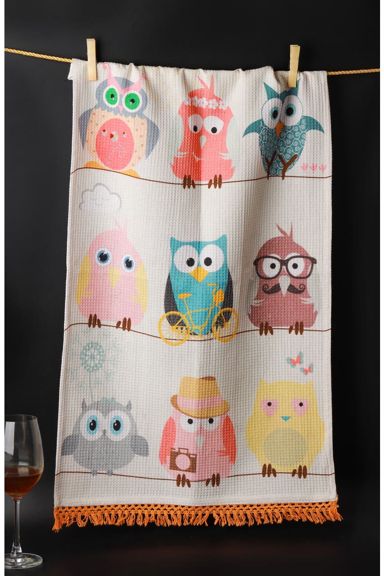 Whimsical Owl Set of 3 Kitchen Towels, Alternate, color, BRIGHT BLUE/ ORANGE/