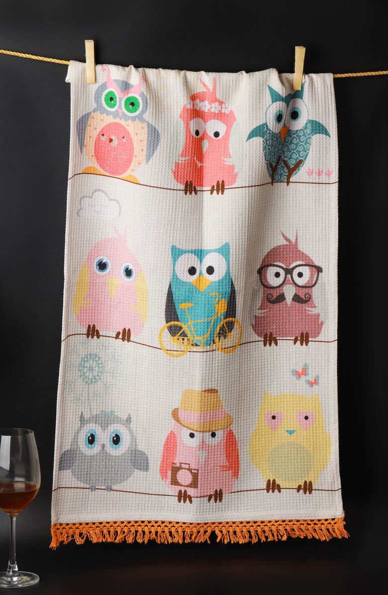 Tiramisu Whimsical Owl Set of 3 Kitchen Towels, Alternate, color, Bright Blue/ Orange/