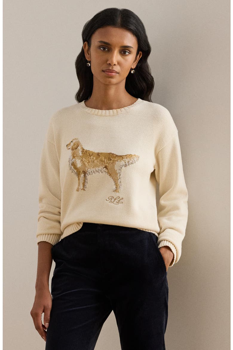 Intarsia Golden Retriever Cotton Sweater, Alternate, color, MASCARPONE CREAM